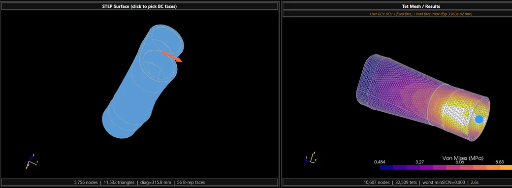 FE Mesh Studio desktop application in dark theme: STEP surface model on the left, tetrahedral finite element mesh with Von Mises stress colour map on the right