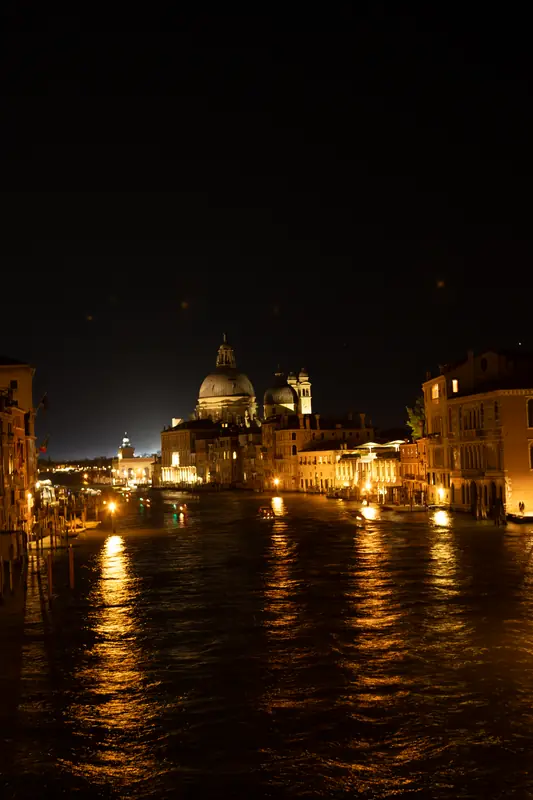 The Grand Canal at night, lights reflecting in the dark water, Santa Maria della Salute illuminated in the distance.
